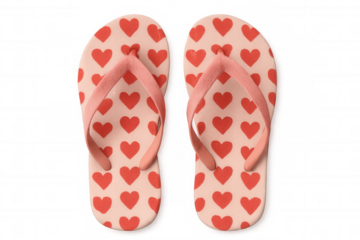 Pink flip-flops adorned with red heart details, symbolizing beach romance against transparent backdrop