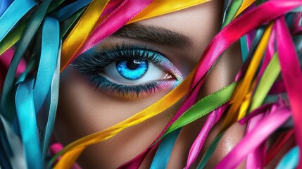Colorful eye makeup design with ribbons
