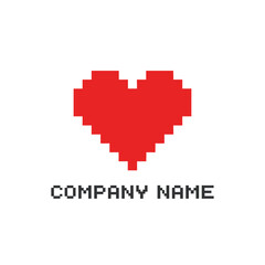 Obraz premium Pixelated red heart logo in 8 bit retro gaming style.