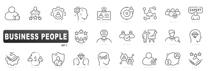 Business people icons showing expert leadership, teamwork, recruitment, presentation, analytics, finance, partnership, goals, and strategy in outline style, editable stroke