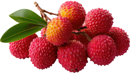 Litchi Cluster with Leaf: A vibrant cluster of ripe lychees, their textured red skin and luscious flesh promise a burst of tropical sweetness, accompanied by a sprig of green leaf.