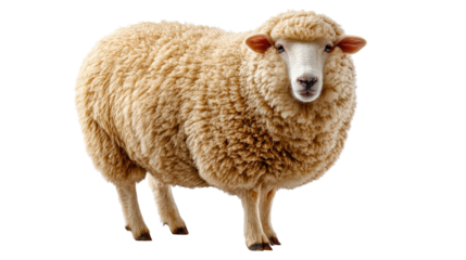 The Ewe in the Meadow: A photorealistic capture of a sheep. A fluffy, cream-colored ewe stands gracefully in the sun. The sheep stares into the camera