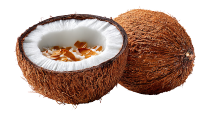 Coconut's Natural Duo: Half-cut fresh coconut reveals its refreshing, creamy interior, displayed alongside a whole coconut, showcasing nature's design and culinary versatility.