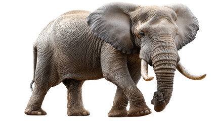 Obraz premium Majestic Elephant's Journey: A captivating portrayal of a singular African elephant, walking with purpose and grace, a symbol of the wild and the wonders of nature.