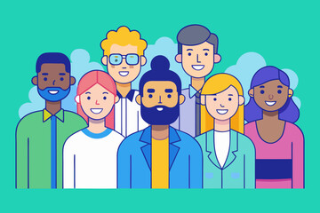 Flat Design Business Team Vector – Diverse Professional People Standing Together in Corporate Style.