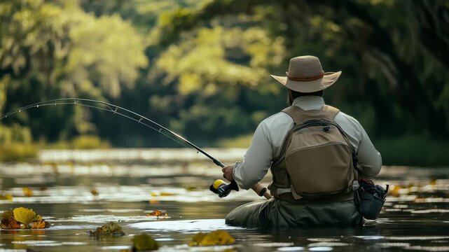 Amidst lush greenery, an avid angler casts his fishing rod into the serene waters during the late afternoon. The calm river reflects natures beauty and the tranquility of the moment.