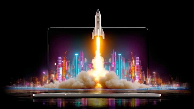 Laptop screen rocket launch above cityscape. Startup success concept
