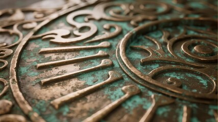 Fototapeta premium Close-Up of Aged Bronze with Verdigris Patina, Showcasing Intricate Directional Brush Strokes and Textured Details
