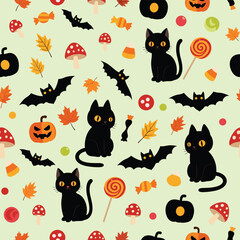 Fototapeta premium A delightful seamless pattern featuring playful black cats bats pumpkins mushrooms and autumn leaves perfect for Halloween decorations.