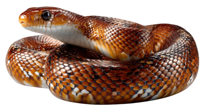 Serpentine Charm: Captivating close-up of a coiled snake showcasing its intricate patterns and piercing gaze. Its scales glisten in the light, revealing the serpent's natural elegance and allure. 