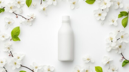 Blank bottle surrounded by spring flowers