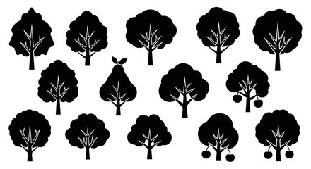 Diverse Black Silhouette Trees Set on White Background, Perfect for Nature-Themed Designs and Educational Resources About Forest and Forestal Ecosystems