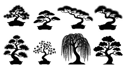 Collection of Bonsai Tree Silhouettes for Zen Gardens, Meditation Spaces, and Japanese Art Projects, Ideal for Illustrating Serenity and Natural Beauty
