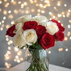Fresh white and red roses arranged in a glass vase with a glowing bokeh background.
