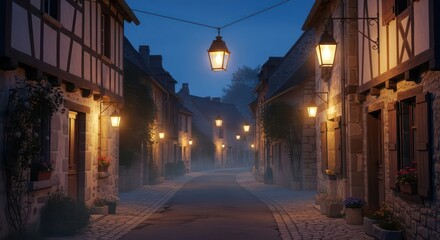 Fototapeta premium Illuminated Cobblestone Street at Dusk: A Charming European Village Scene