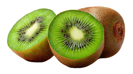 Fototapeta premium Fresh Kiwi Trio: Vibrant kiwi fruits, showcasing their juicy green flesh and black seeds. A close-up view highlights the fruit's appealing texture and freshness.