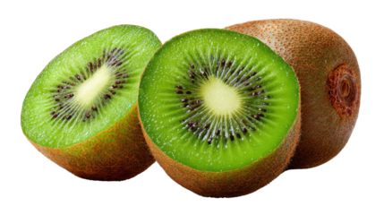 Fresh Kiwi Trio: Vibrant kiwi fruits, showcasing their juicy green flesh and black seeds. A close-up view highlights the fruit's appealing texture and freshness.