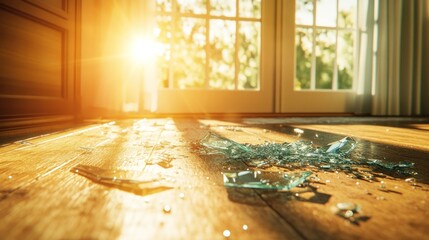 Broken glass on wooden floor