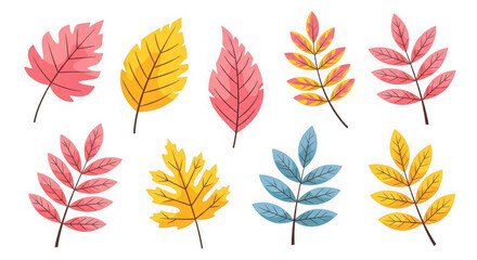 Collection of autumn leaves in various colors including pink, yellow, and blue, isolated on transparent background