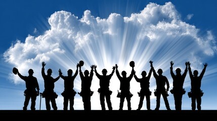 Construction workers celebrate success during sunset gathering on a job site with sky lighting up and clouds forming beautiful patterns