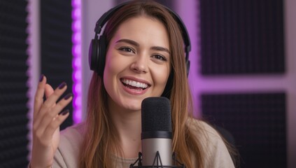 Enthusiastic young podcaster engaging with her audience in a modern, vibrant studio environment