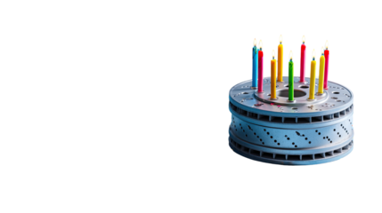 A light-blue cylindrical cake with colorful candles sits in the center of the image.  The cake's design resembles a film reel