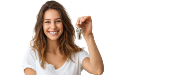 Happy woman holding house keys, joyful moment.