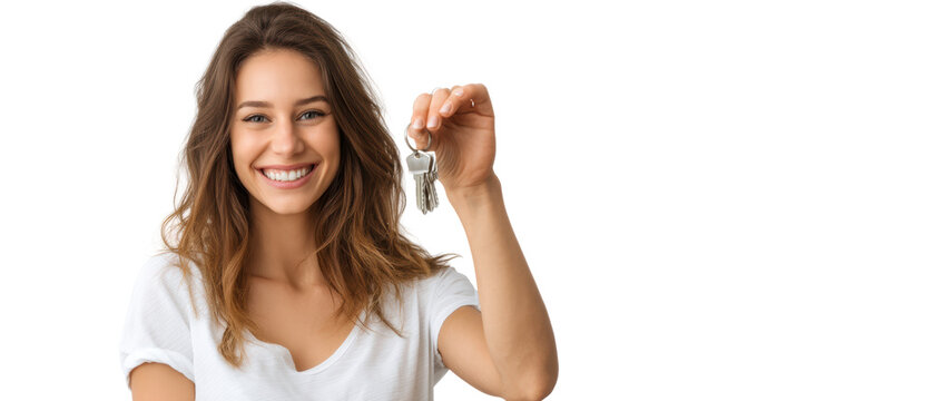 Happy woman holding house keys, joyful moment.