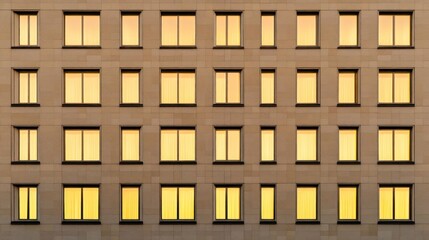 Beige building facade with lit windows