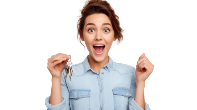 Excited woman holding keys with a cheerful expression.