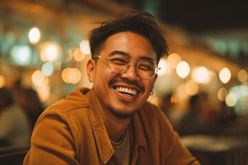 Obraz premium Radiant smile of a young man with glasses enjoying an evening out with friends
