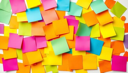 A vibrant cluster of assorted sticky notes, various colors and sizes, on white,   stationery supplies,   sticky