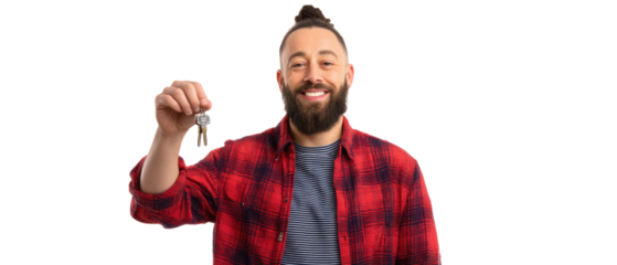 Man happily holding keys with a smile.