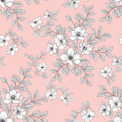 Obraz premium Delicate white floral pattern on a soft pink background.