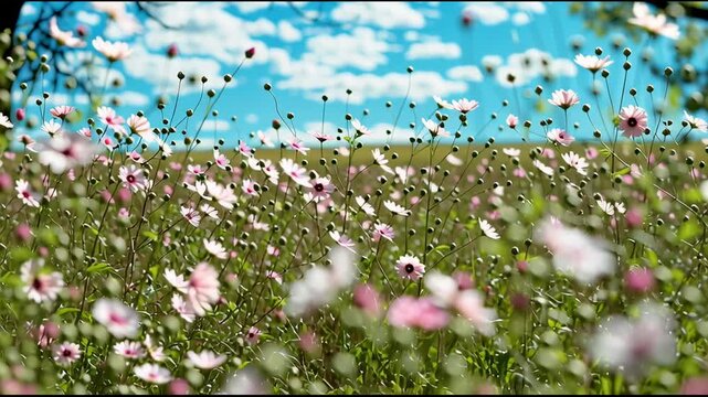 Endless Blooms: A Panoramic Low-Angle Voyage Through 4 Colorful Wildflower Field Beneath Clear Skies