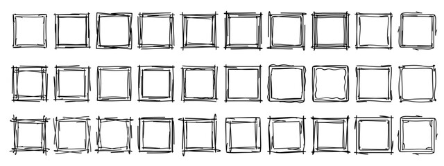Square doodle stamp frames, hand-drawn wavy curly monograms. Edgings and cadres with simple sketchy scribble swirl design elements. Isolated. Vector illustration.