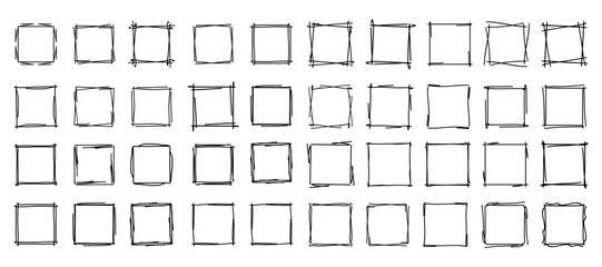Square doodle stamp frames, hand-drawn wavy curly monograms. Edgings and cadres with simple sketchy scribble swirl design elements. Isolated. Vector illustration.