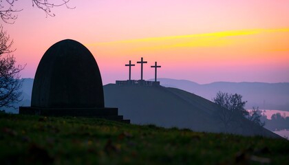 Obraz premium Hilltop crosses sunrise memorial peace