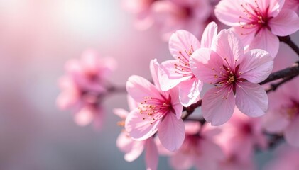 Delicate pink cherry blossoms, full bloom, intricate pattern, botanical, pink flowers
