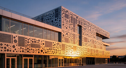 Golden hour light illuminates a contemporary smart building facade with solar panels integrated into its unique perforated design