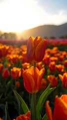 Vibrant orange tulips at sunset