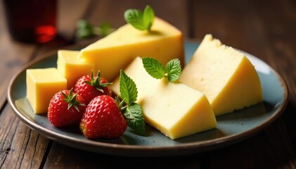 Elegant cheese plate, gourmet selection, creamy texture, food photography, food