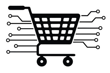 Digital Black Shopping Cart with Circuit Board Lines on White Background