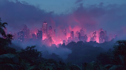 City Skyline Emerging From Purple Dawn Mist