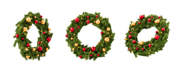 Three lush green Christmas wreaths with red and gold ornaments and glowing lights, realistic style, isolated on transparent background, festive decoration concept, 3D Rendering © ImageFlow