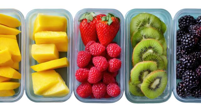 Stacked containers of fresh fruit.  Mango, strawberries, raspberries, kiwi, and blackberries