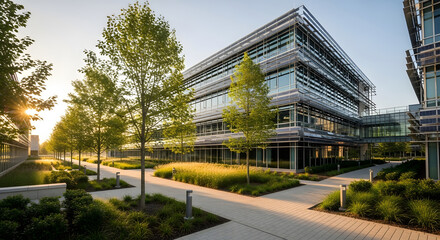 Obraz premium Innovative smart building facade with solar panels Sustainable urban design for the future