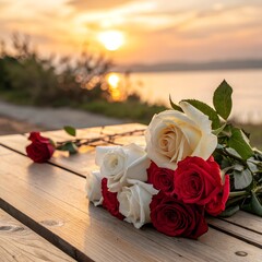 Fresh white and red roses lying on a wooden table with a warm sunset background.