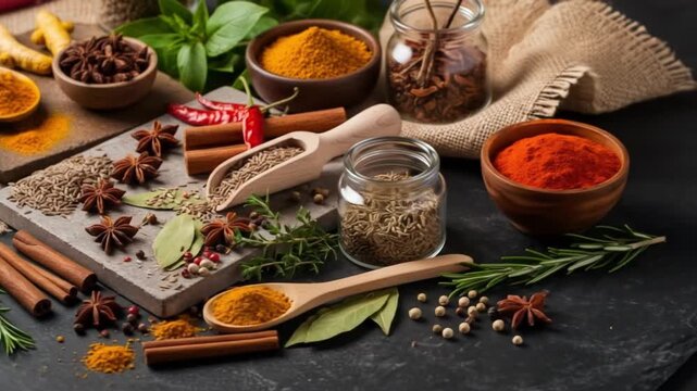 Aromatic spices display on rustic surfaces