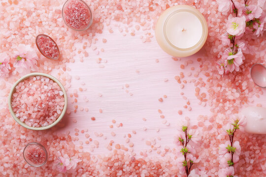 Pink bath salt crystals with candle and cherry blossom flowers creating soft spa scene and peaceful mood